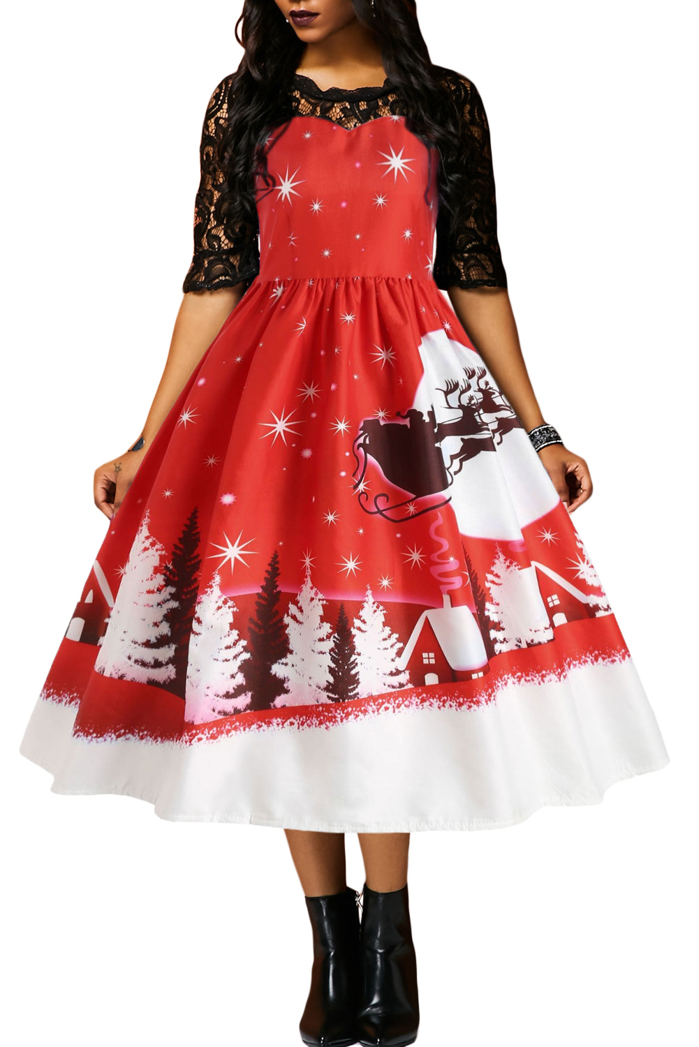 BY610920-1 JINGLE ALL THE THE WAY CHRISTMAS PRINT FLARED DRESS